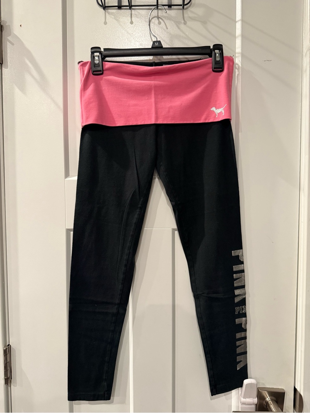 PINK Victoria's Secret Black Leggings with Pink Fold-Over Waistband